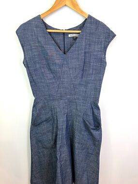 Jennifer Glasgow Indigo Chambray V-Neck Pocket Dress 100% cotton size S